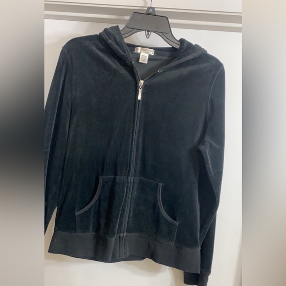 A’GACI Velour Full Zip Crop Hood Jacket Sweatshirt Pocket Athleisure Black Sz L - Picture 1 of 4